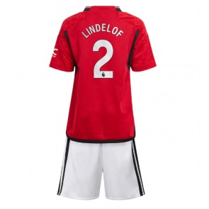 Lacne Dětský Futbalové dres Manchester United Victor Lindelof #2 2023-24 Krátky Rukáv - Domáci (+ trenírky)